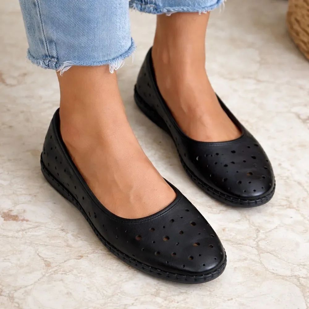 VOLKS WALKERS Women’s 1219 Leather Shoes – Black | Comfort Slip-On Flats